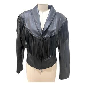 Vintage Genuine Leather Jacket Womens Large Black Fringe Western